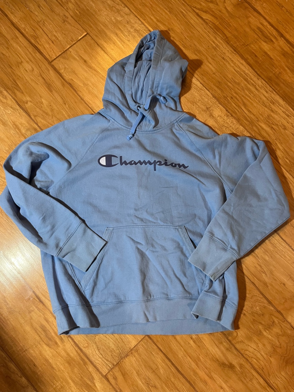 Champion Light Blue Pullover Hoodie with Navy Logo